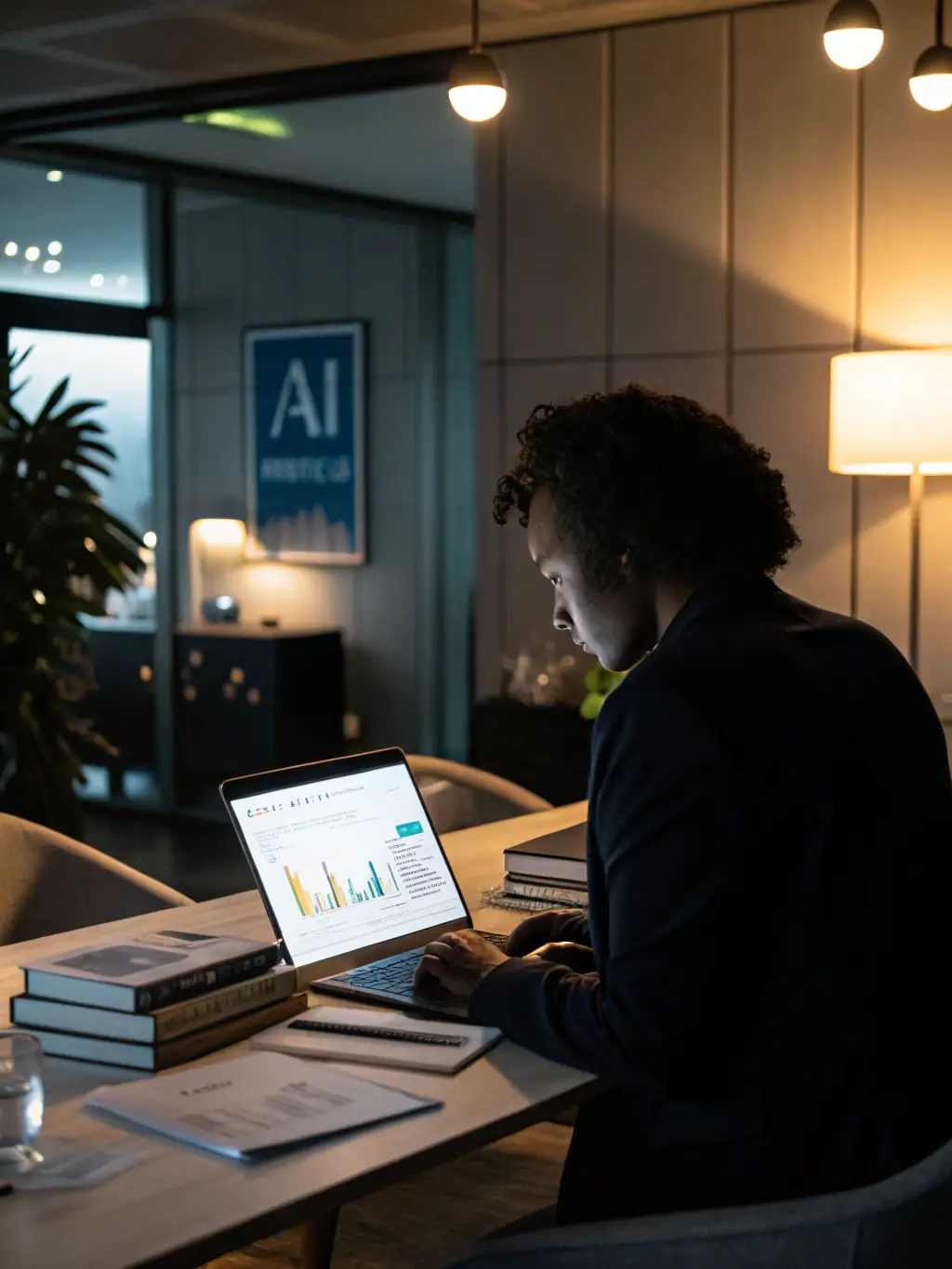 An image showing a consultant analyzing workflow diagrams on a digital tablet with AI icons overlay, representing Century Pointe Holdings' AI Workflow Assessment service.