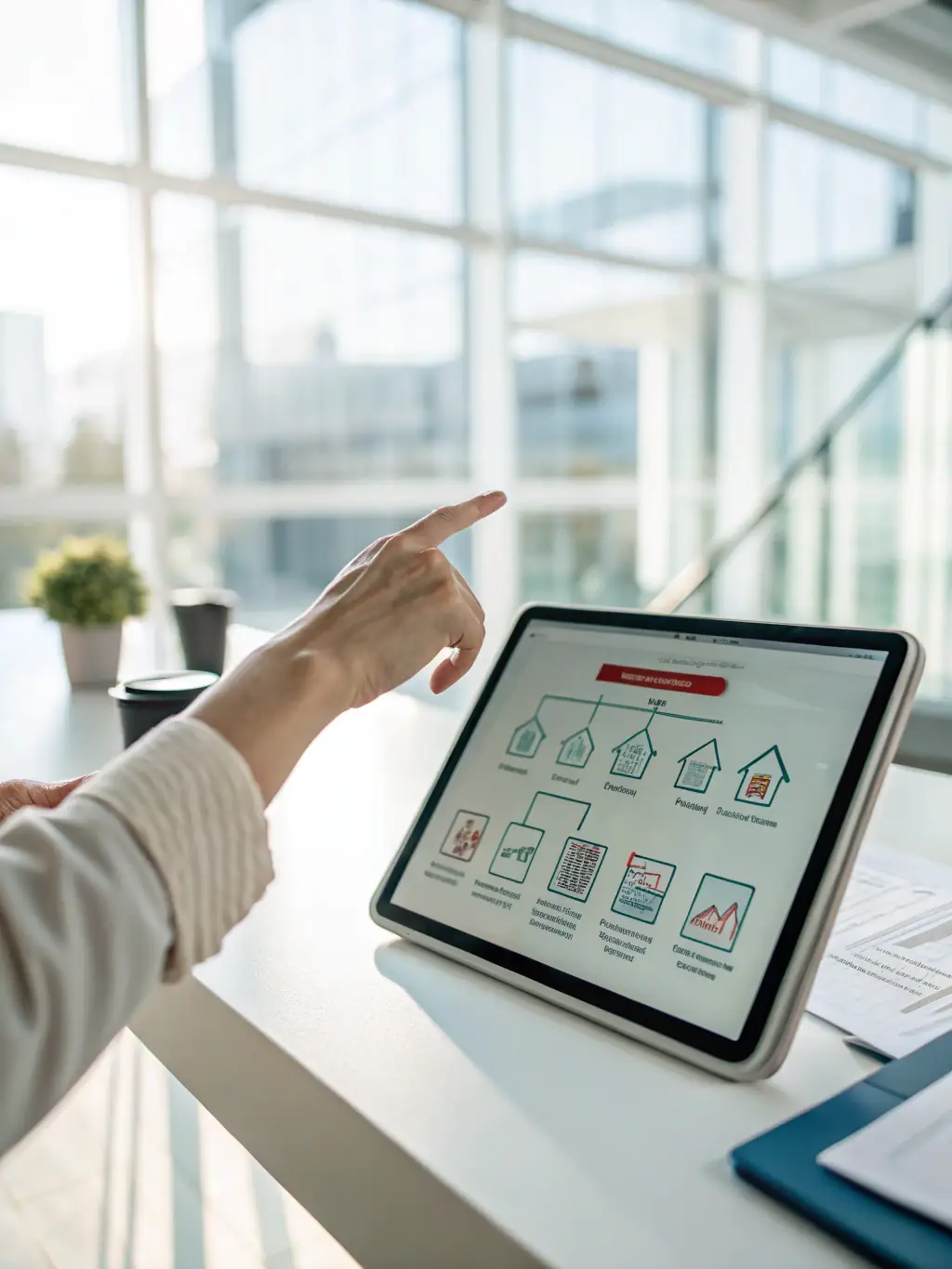 A detailed workflow diagram being analyzed on a digital tablet, with AI icons overlaid to represent automation opportunities and areas for AI integration.