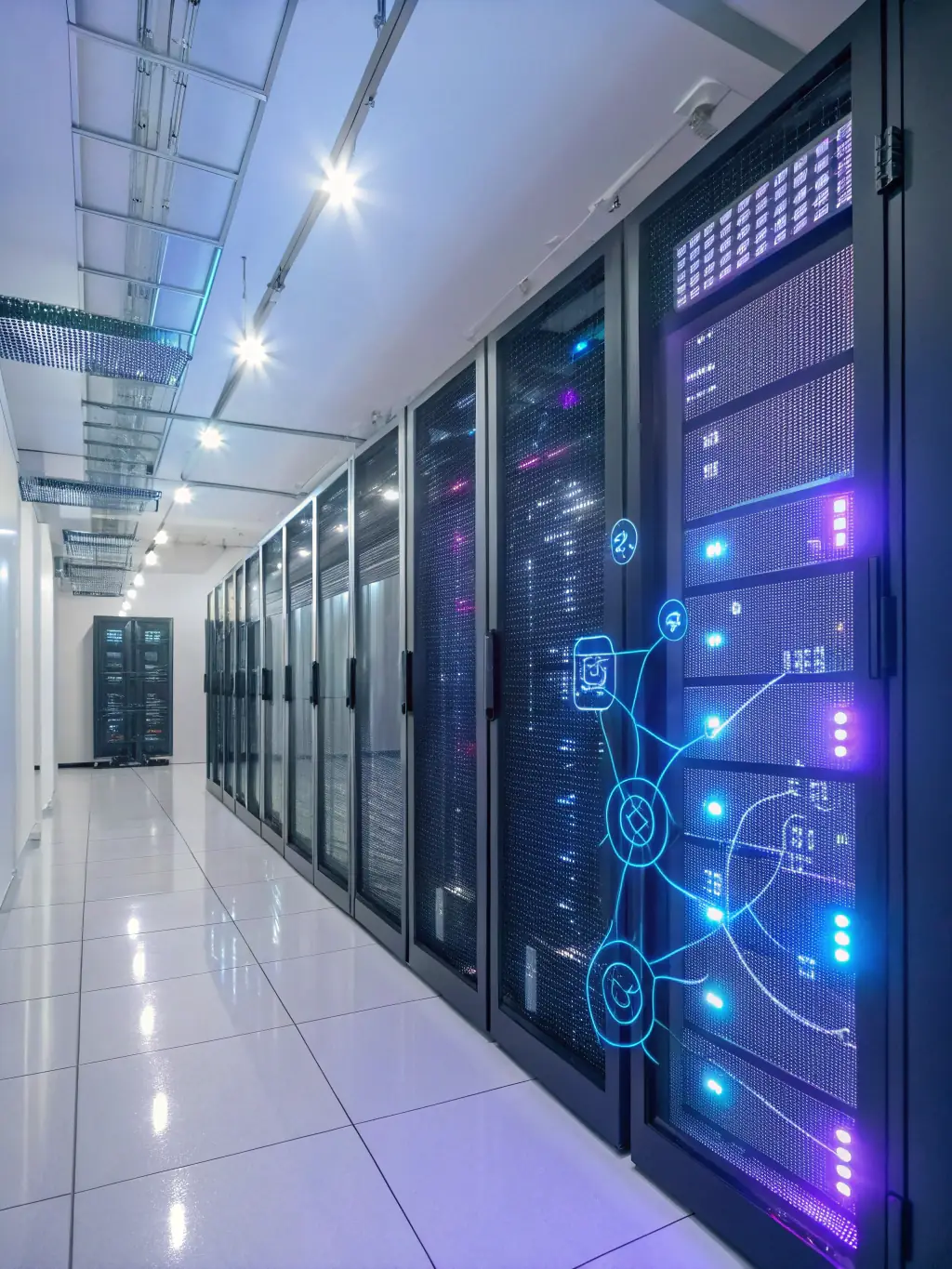 An image of a data center with AI-powered dashboards and automated systems in operation, showcasing Century Pointe Holdings' Intelligent System Deployment service.