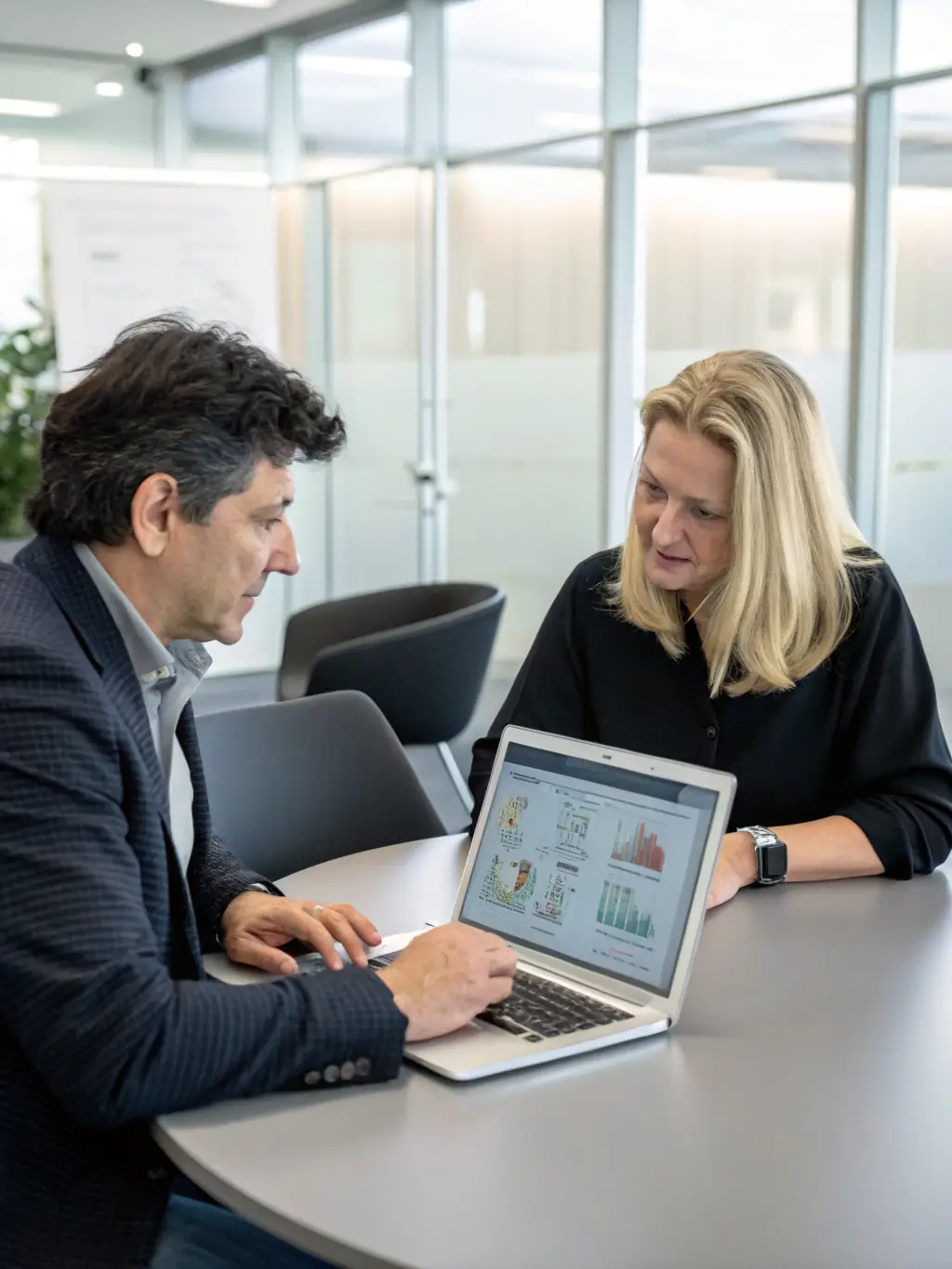 An image of a business executive discussing AI strategy with a consultant in a modern office, illustrating Century Pointe Holdings' AI Strategy Consulting service.
