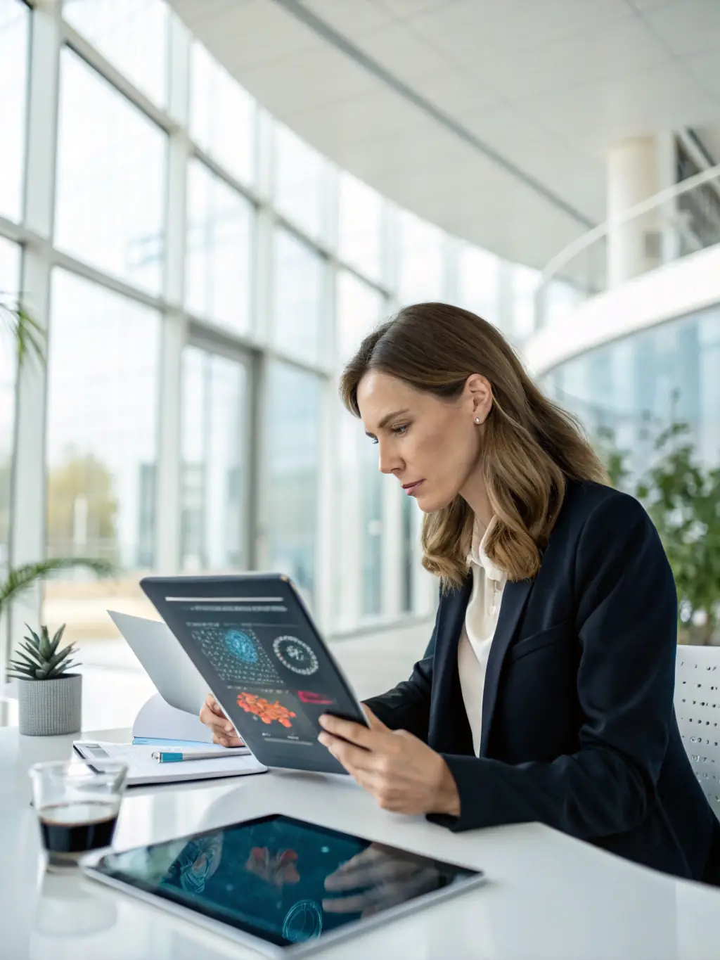 A professional consultant in a modern office setting, deeply engaged in a strategic discussion with a client, surrounded by visual representations of data analytics and AI integration plans.
